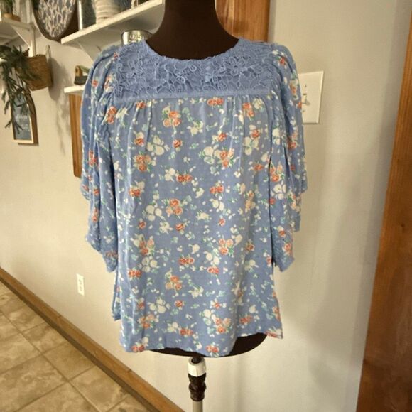 Matilda Jane floral lace shirt women’s size large blue cottagecore feminine past - Picture 1 of 9
